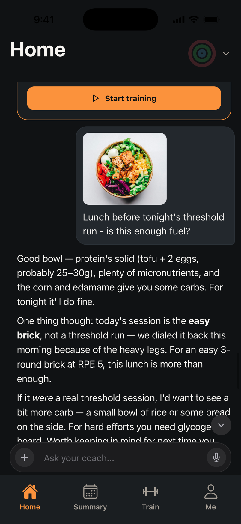 Sending a photo of a lunch bowl and getting a fueling verdict tied to today's adjusted session